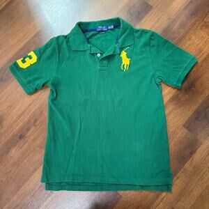 Polo Ralph Lauren Boys Big Pony Logo Polo Shirt Classic Rugby Green Yellow Sz L
